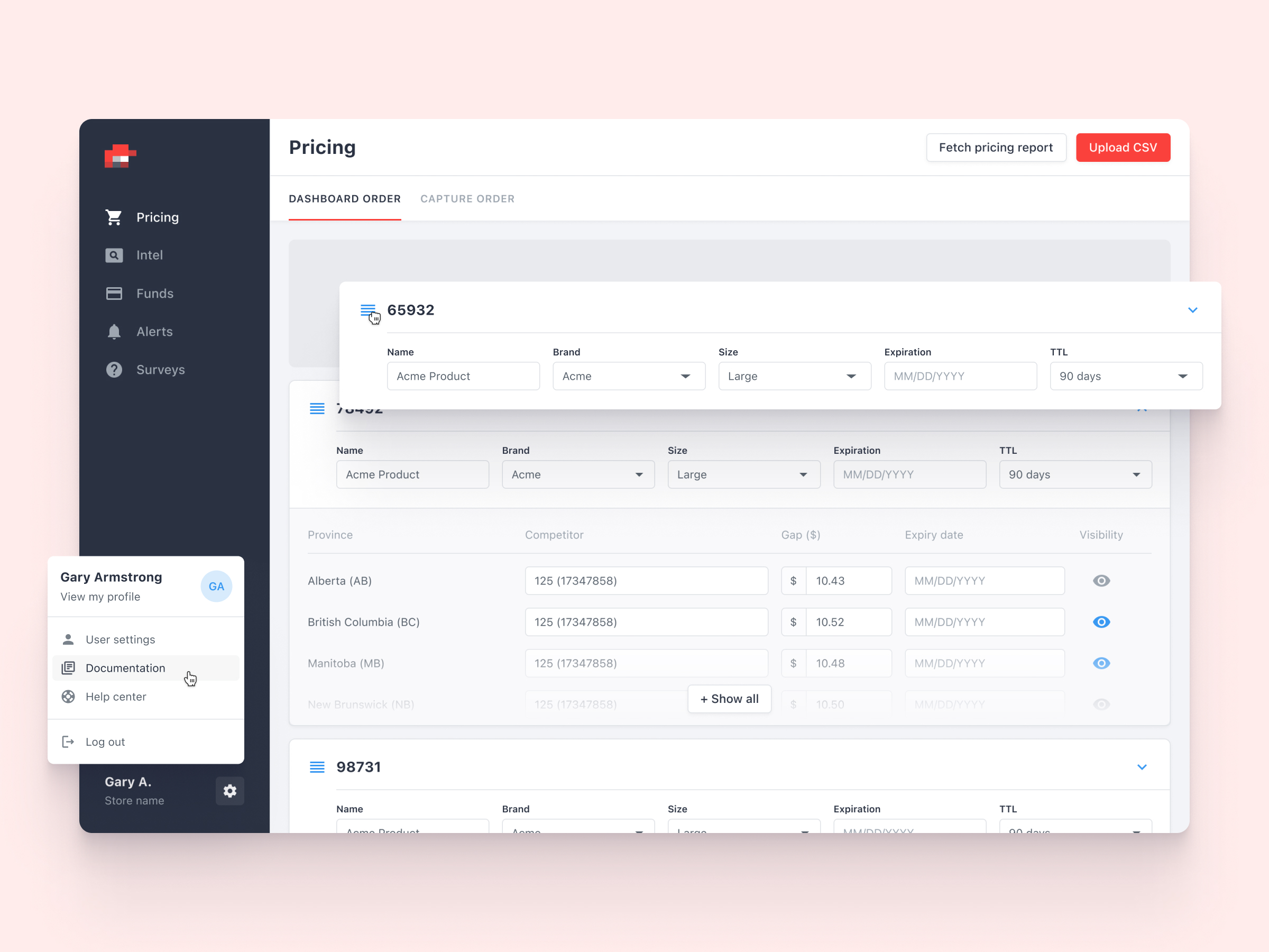 Pricing capture dashboard